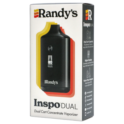 Angled close-up of the black Randy's Inspo Dual 510 Battery - Noir Black on its white retail box with layered yellow and red shadows.