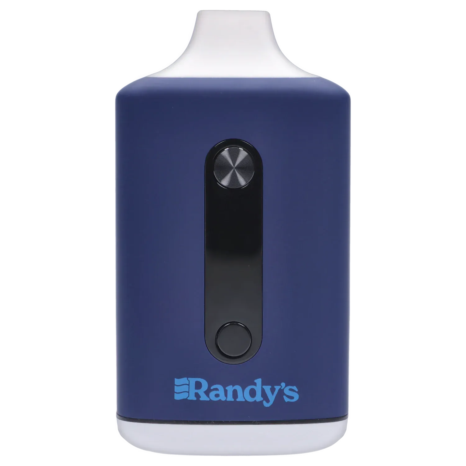 Close-up front view of the Randy's Inspo Dual 510 Battery- Steel Blue showing its navy rectangular body, centered black control strip, and visible logo.