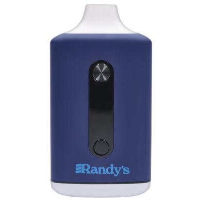 Close-up front view of the Randy's Inspo Dual 510 Battery- Steel Blue showing its navy rectangular body, centered black control strip, and visible logo.