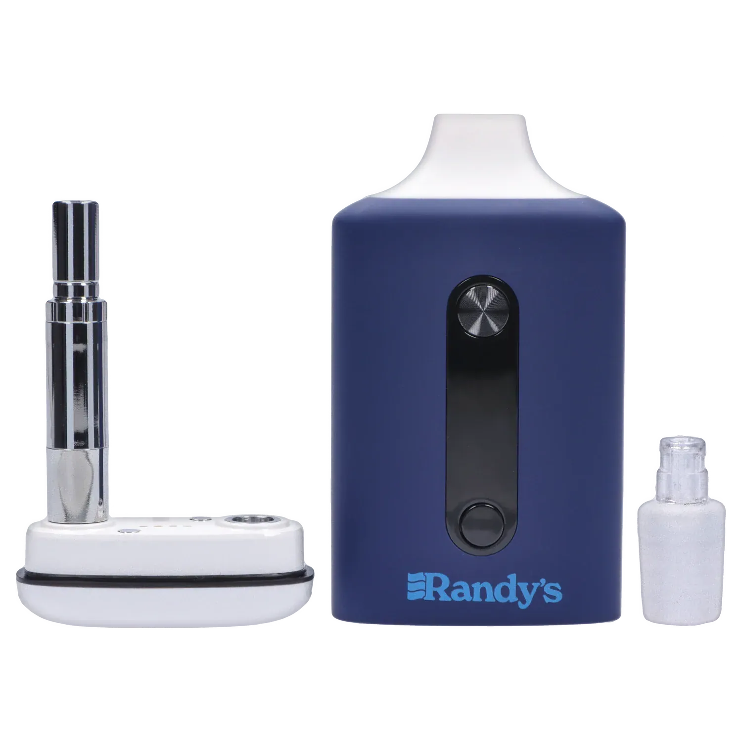 Close-up front view of the steel blue Randy's Inspo Dual 510 Battery- Steel Blue showing its rectangular body, black control strip with two circular buttons, and surrounding metal and glass accessories.