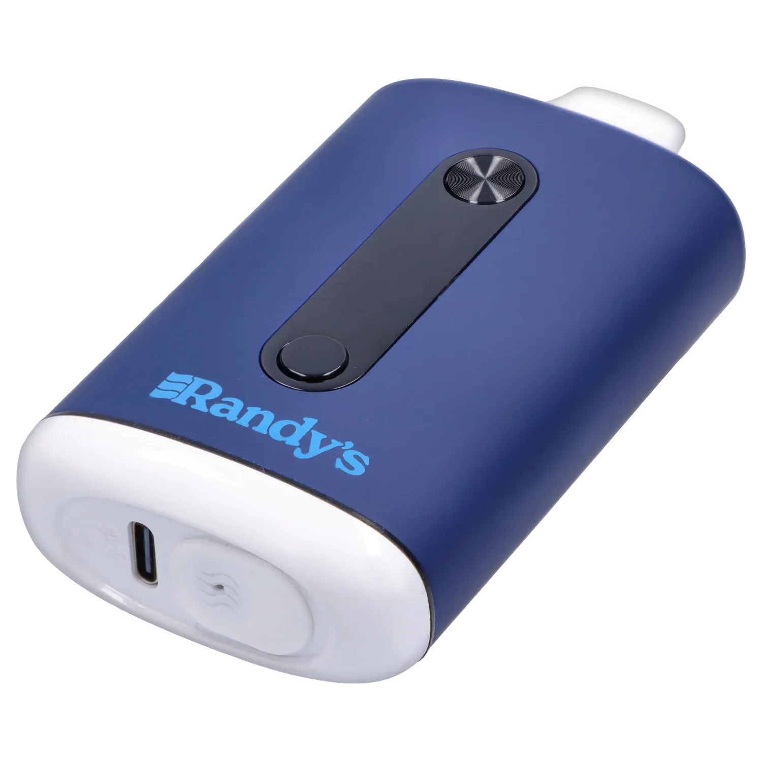 Angled close-up of the steel blue Randy's Inspo Dual 510 Battery- Steel Blue showing its rounded edge, central black control strip, and white base with USB-C port.