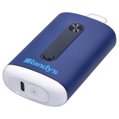 Angled close-up of the steel blue Randy's Inspo Dual 510 Battery- Steel Blue showing its rounded edge, central black control strip, and white base with USB-C port.