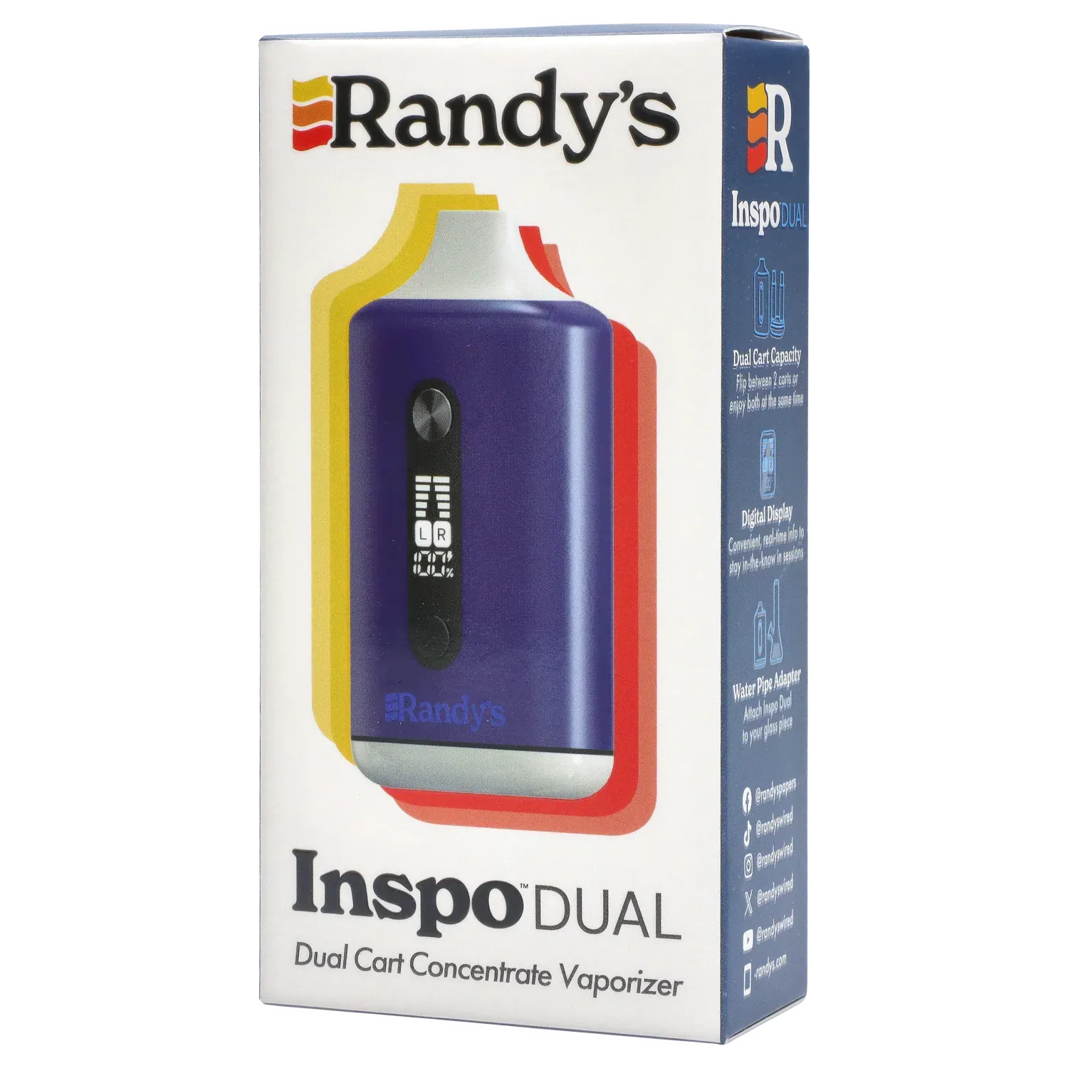 Angled close-up of the Randy's Inspo Dual 510 Battery- Steel Blue box showing the steel-blue device illustration against layered yellow and red shapes and a navy product-info side panel