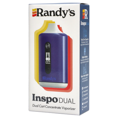 Angled close-up of the Randy's Inspo Dual 510 Battery- Steel Blue box showing the steel-blue device illustration against layered yellow and red shapes and a navy product-info side panel