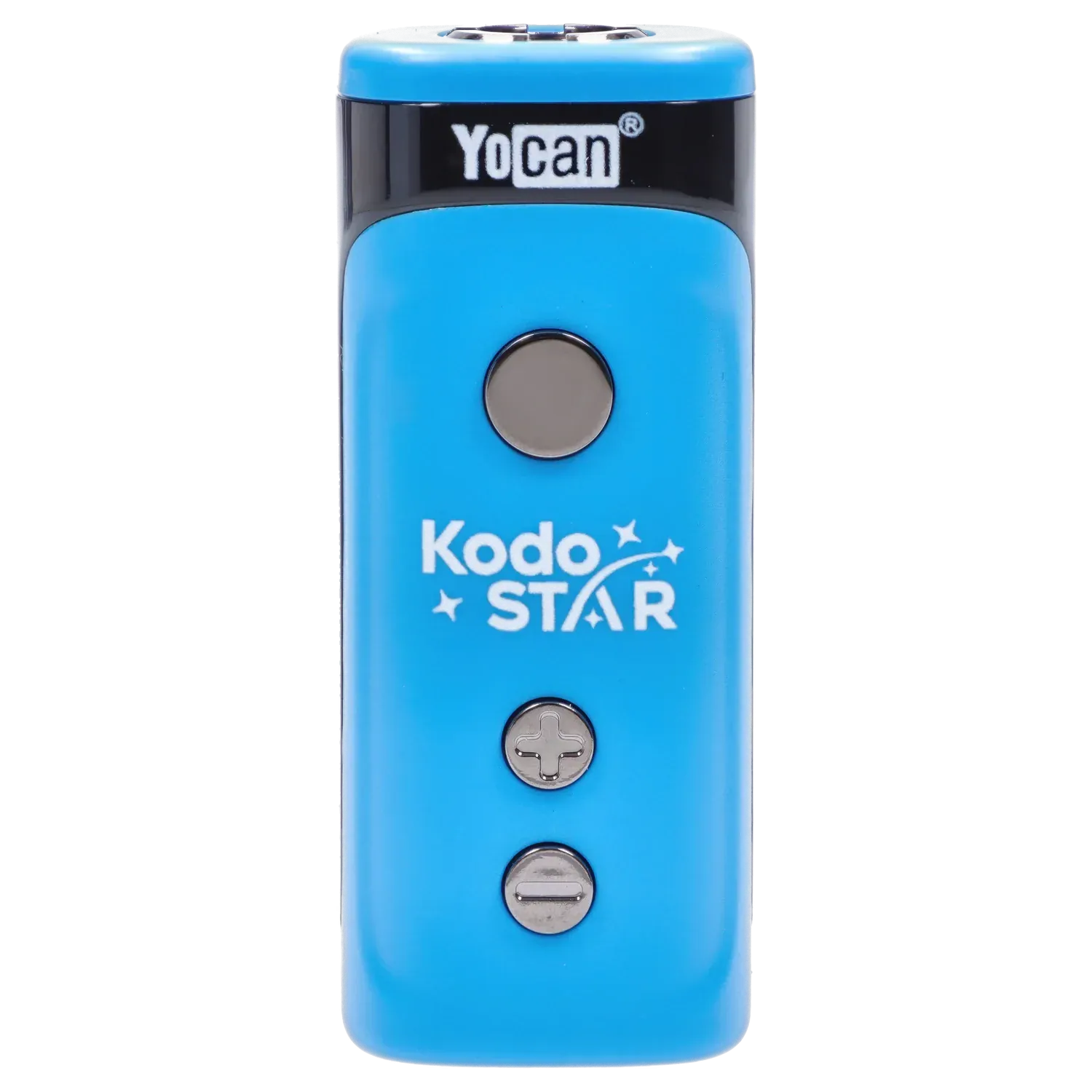 Close-up front view of the blue Yocan Kodo Star 510 Battery showing its top logo, round power button, and plus/minus metal controls.