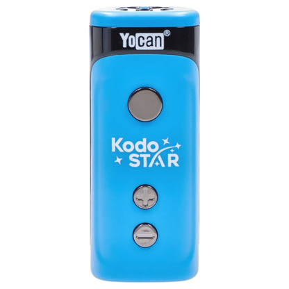 Close-up front view of the blue Yocan Kodo Star 510 Battery showing its top logo, round power button, and plus/minus metal controls.