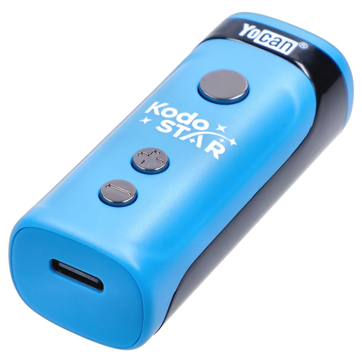 Angled close-up of the blue Yocan Kodo Star 510 Battery - Blue showing its rounded end, three metallic control buttons and white logo on a gray backdrop