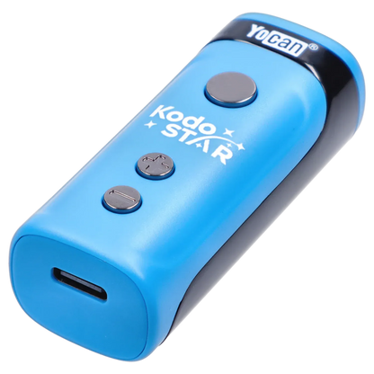 Angled close-up of the blue Yocan Kodo Star 510 Battery - Blue showing its rounded end, three metallic control buttons and white logo on a gray backdrop