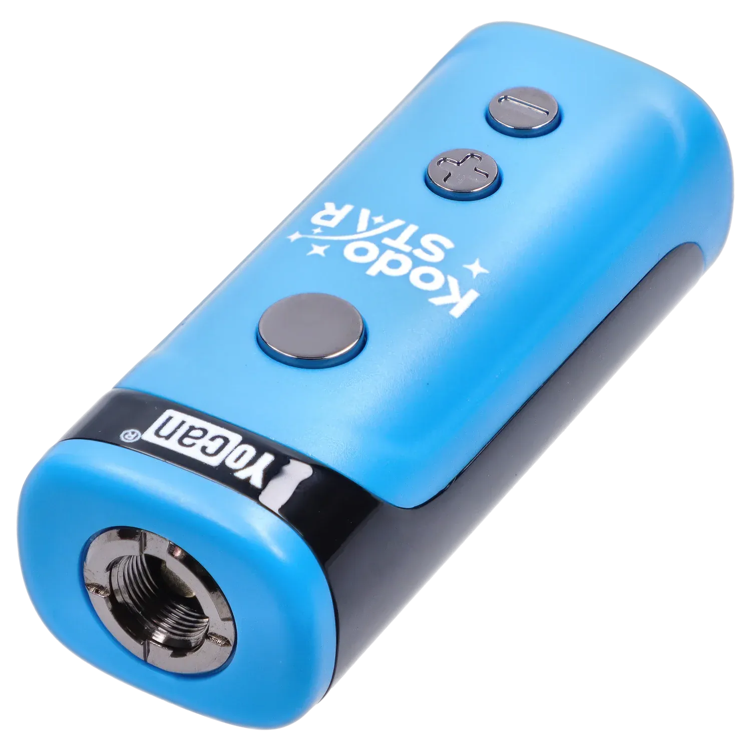 Angled close-up of a blue Yocan Kodo Star 510 Battery - Blue showing its rounded end, three metal control buttons, and threaded 510 connector.
