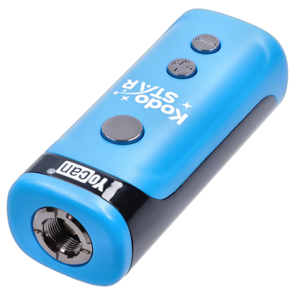 Angled close-up of a blue Yocan Kodo Star 510 Battery - Blue showing its rounded end, three metal control buttons, and threaded 510 connector.