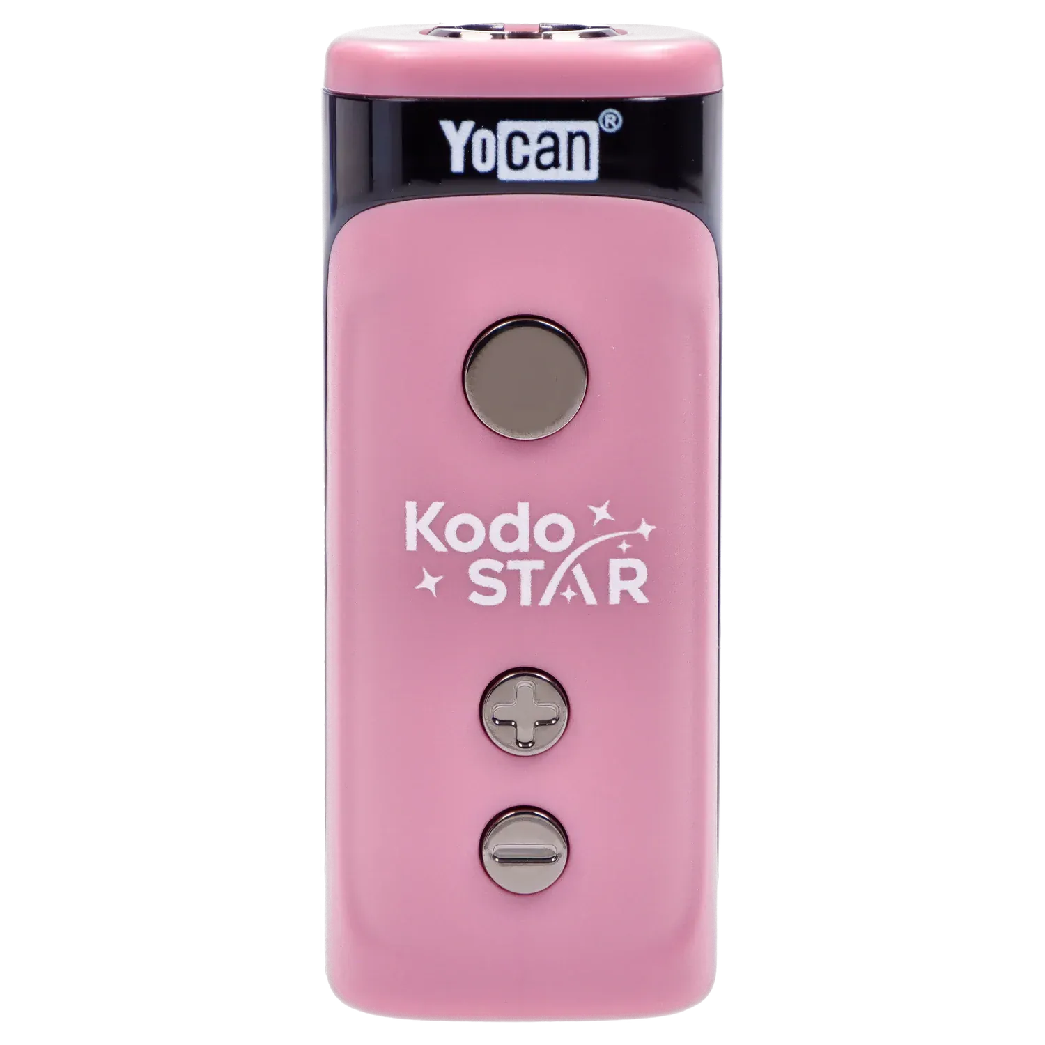 Close-up front view of the pink Yocan Kodo Star 510 Battery showing its round metallic buttons and white Kodo STAR logo on a soft pink panel.