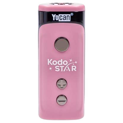 Close-up front view of the pink Yocan Kodo Star 510 Battery showing its round metallic buttons and white Kodo STAR logo on a soft pink panel.