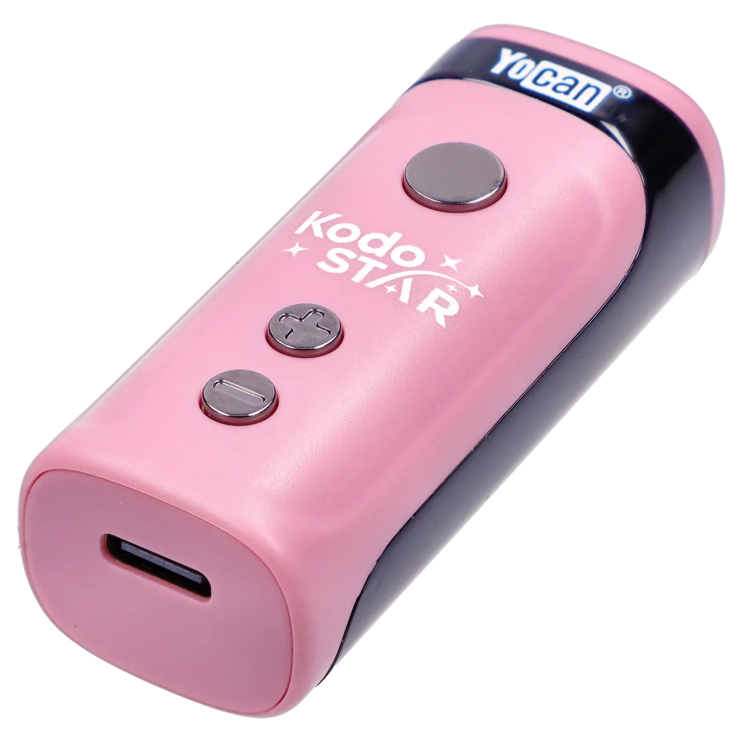 Angled close-up of the pink Yocan Kodo Star 510 Battery showing its top power button, two metal control buttons and USB-C port.