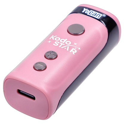 Angled close-up of the pink Yocan Kodo Star 510 Battery showing its top power button, two metal control buttons and USB-C port.