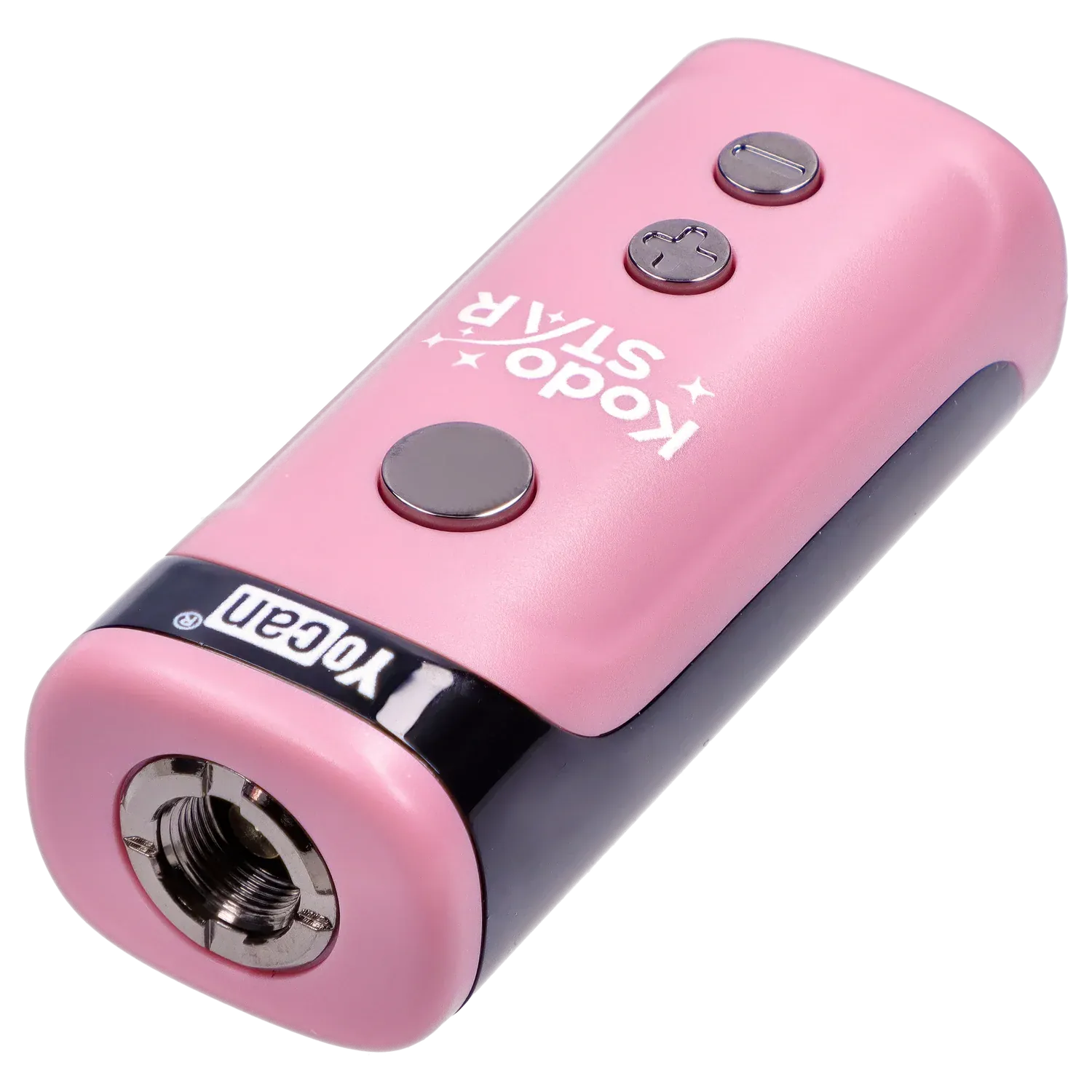 Angled close-up of the pink Yocan Kodo Star 510 Battery showing its metallic threaded connector, three top buttons, and white logo on a light background