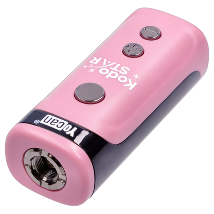 Angled close-up of the pink Yocan Kodo Star 510 Battery showing its metallic threaded connector, three top buttons, and white logo on a light background