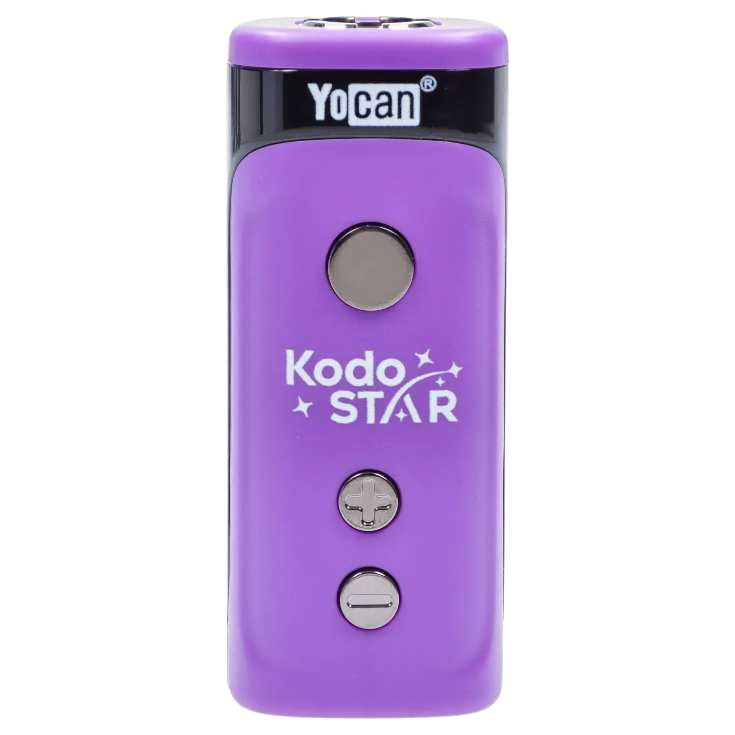 Close-up front view of the purple Yocan Kodo Star 510 Battery showing its top logo and three metal control buttons.