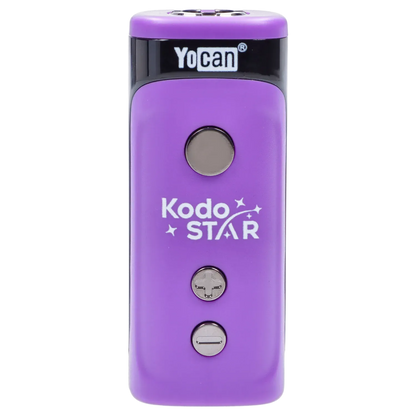 Close-up front view of the purple Yocan Kodo Star 510 Battery showing its top logo and three metal control buttons.