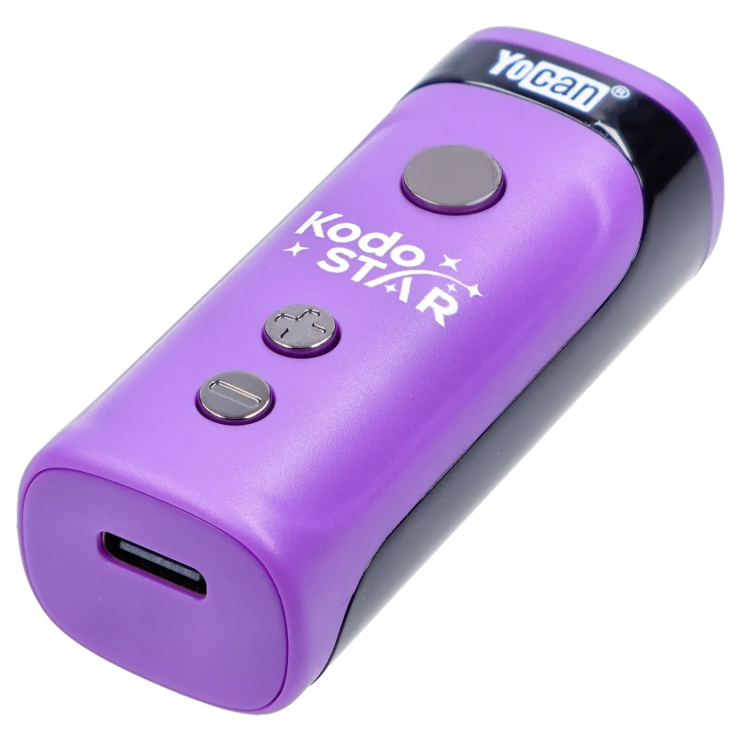 Angled close-up of the purple Yocan Kodo Star 510 Battery showing its rounded body, three metal control buttons, USB-C port, and glossy black logo band.