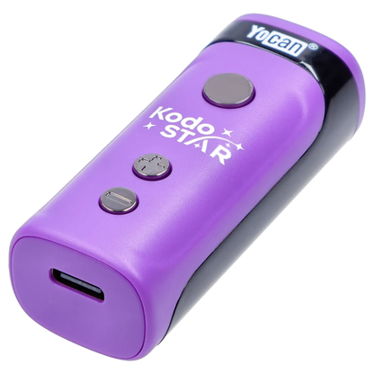 Angled close-up of the purple Yocan Kodo Star 510 Battery showing its rounded body, three metal control buttons, USB-C port, and glossy black logo band.