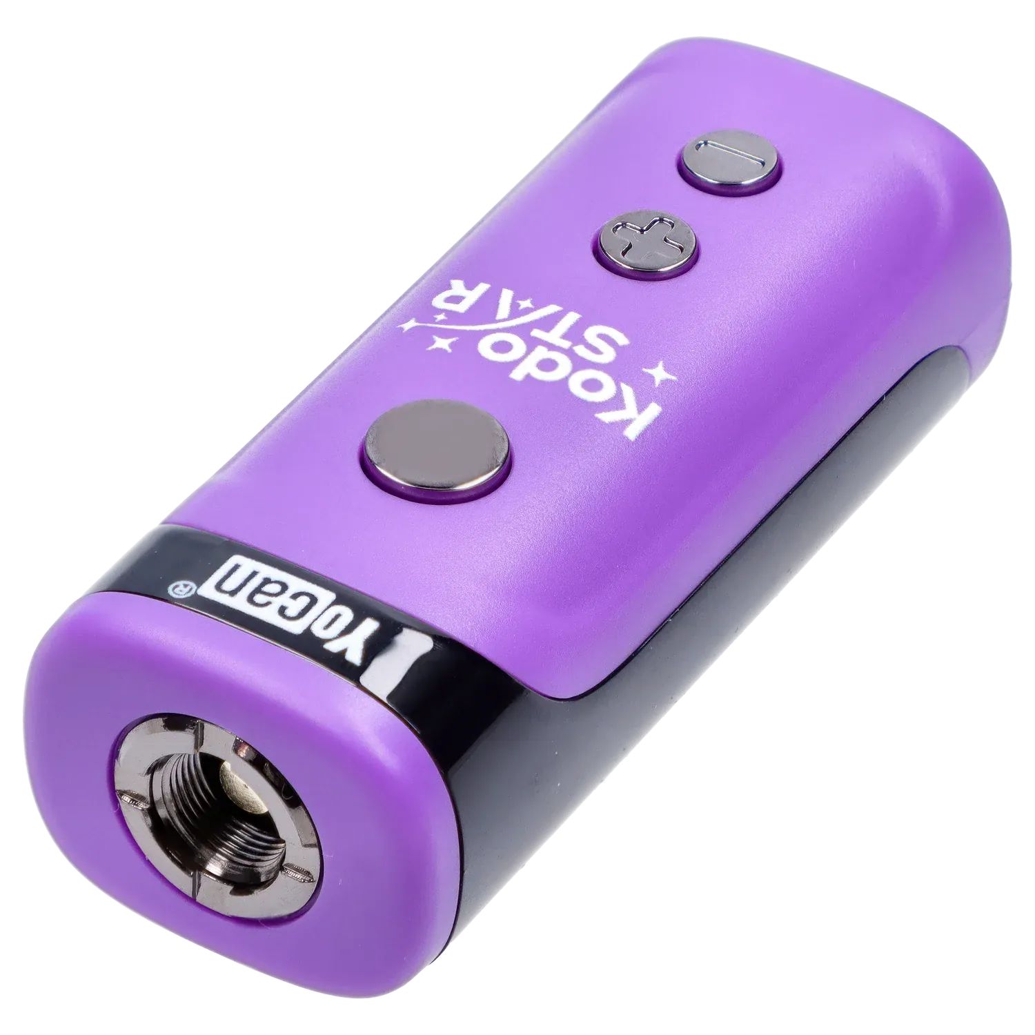 Angled close-up of the purple Yocan Kodo Star 510 Battery - Purple showing its top buttons, metal 510 connector, and glossy logo band.