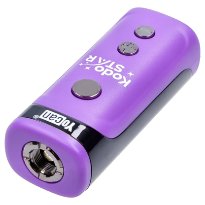 Angled close-up of the purple Yocan Kodo Star 510 Battery - Purple showing its top buttons, metal 510 connector, and glossy logo band.