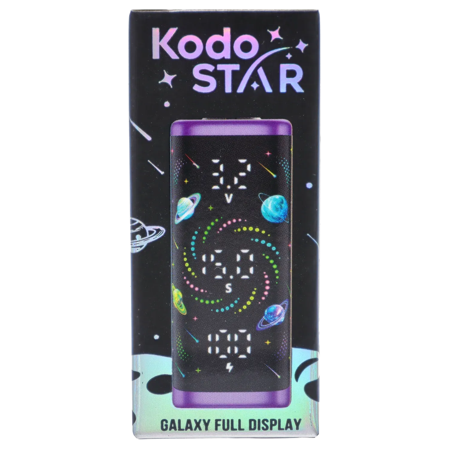 Centered close-up of the purple Yocan Kodo Star 510 Battery box showing a front-facing galaxy-themed battery mockup with colorful planets and LED numbers.