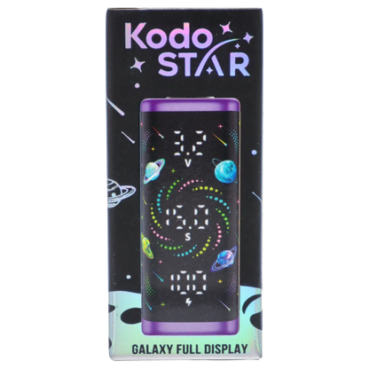 Centered close-up of the purple Yocan Kodo Star 510 Battery box showing a front-facing galaxy-themed battery mockup with colorful planets and LED numbers.