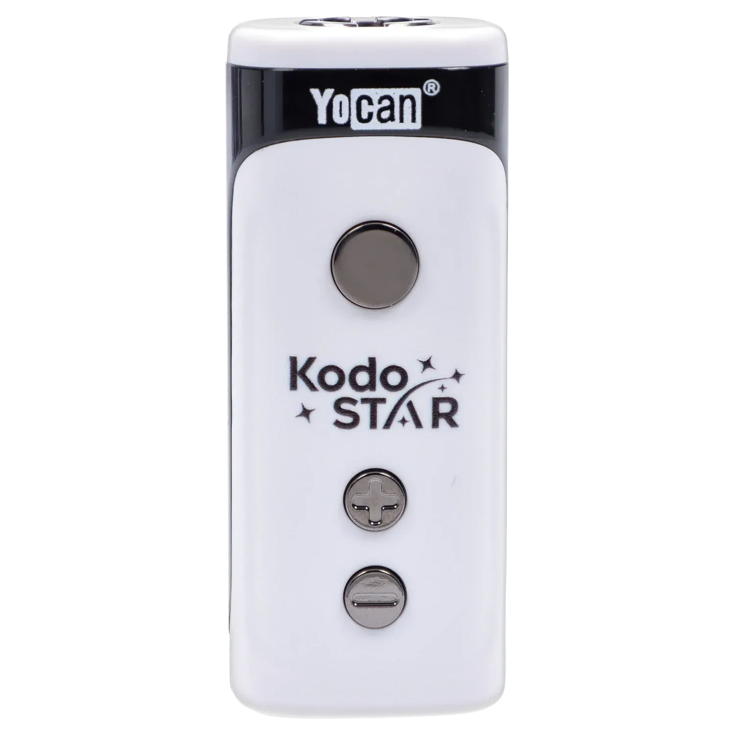 Close-up front view of the white Yocan Kodo Star 510 Battery showing its top black trim with Yocan logo and three stainless control buttons.