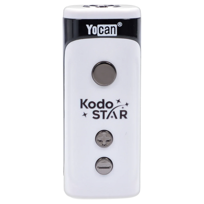 Close-up front view of the white Yocan Kodo Star 510 Battery showing its top black trim with Yocan logo and three stainless control buttons.