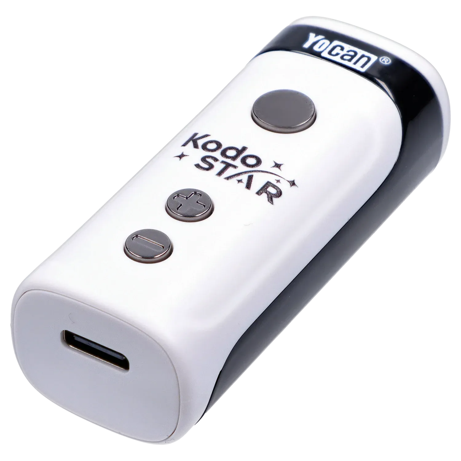 Angled close-up of the white Yocan Kodo Star 510 Battery showing three metal buttons, logo text, and a USB-C port.