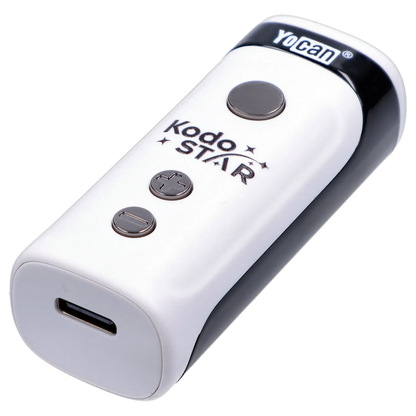 Angled close-up of the white Yocan Kodo Star 510 Battery showing three metal buttons, logo text, and a USB-C port.