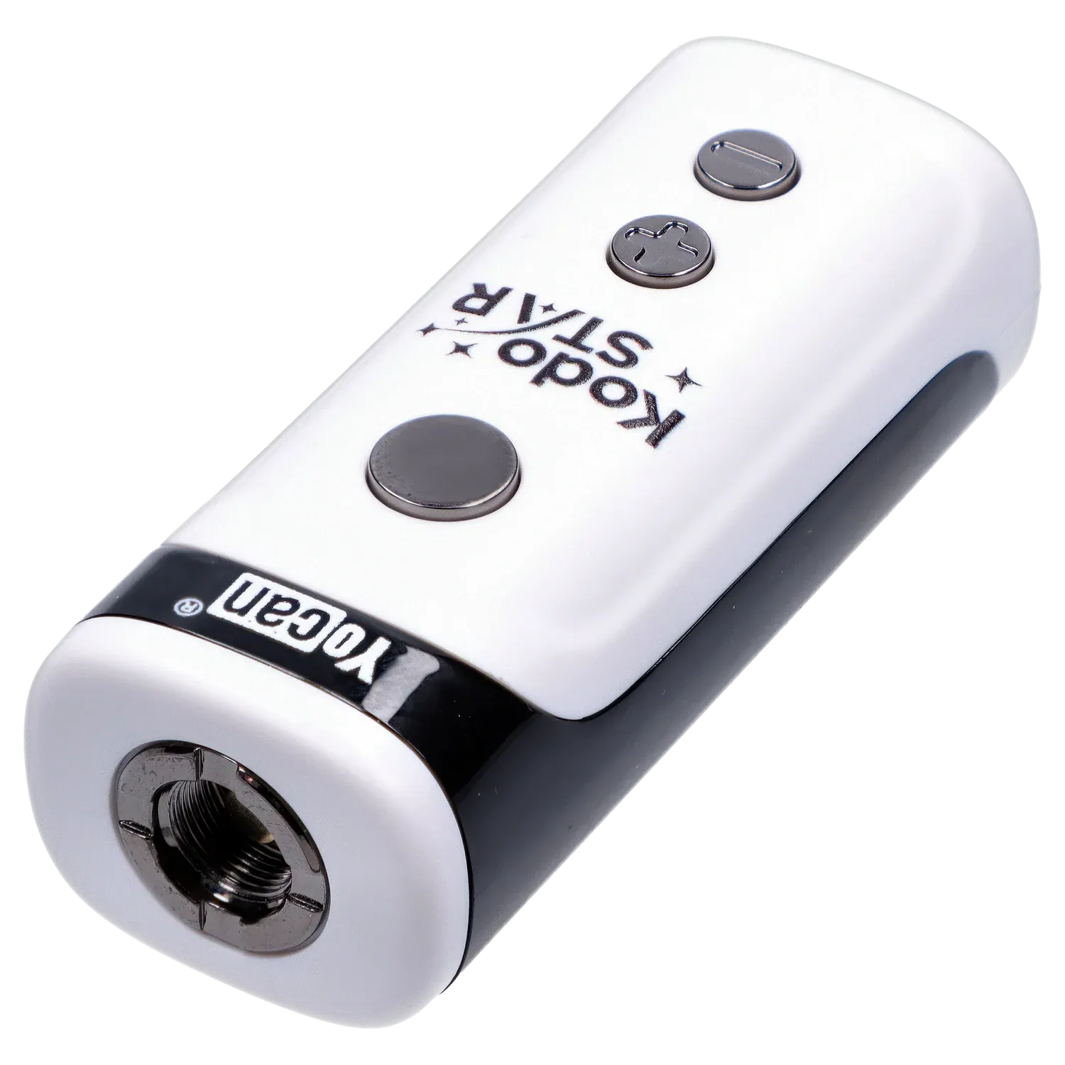 Angled close-up of the white Yocan Kodo Star 510 Battery - White showing three metal control buttons and the threaded 510 connector.