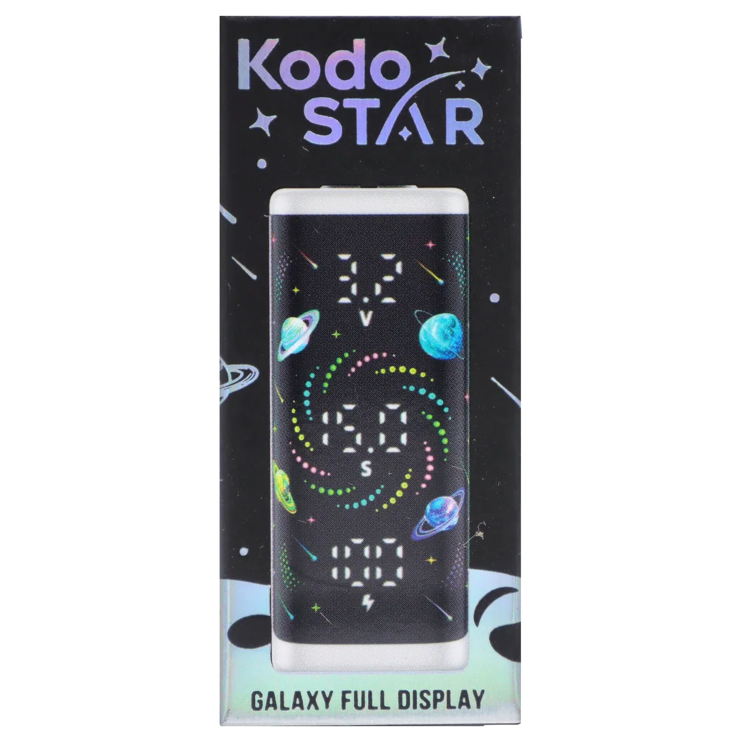 Centered front view of the white Yocan Kodo Star 510 Battery showing a galaxy-themed full display with planets and colorful swirling LEDs.