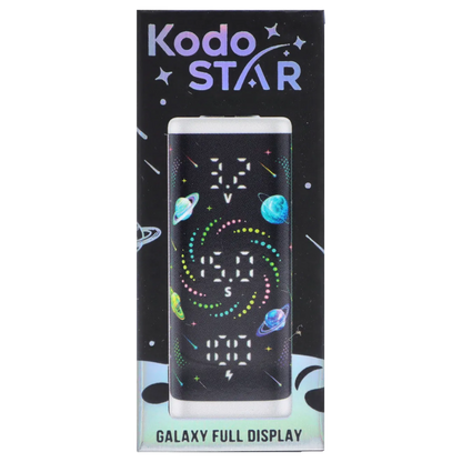 Centered front view of the white Yocan Kodo Star 510 Battery showing a galaxy-themed full display with planets and colorful swirling LEDs.