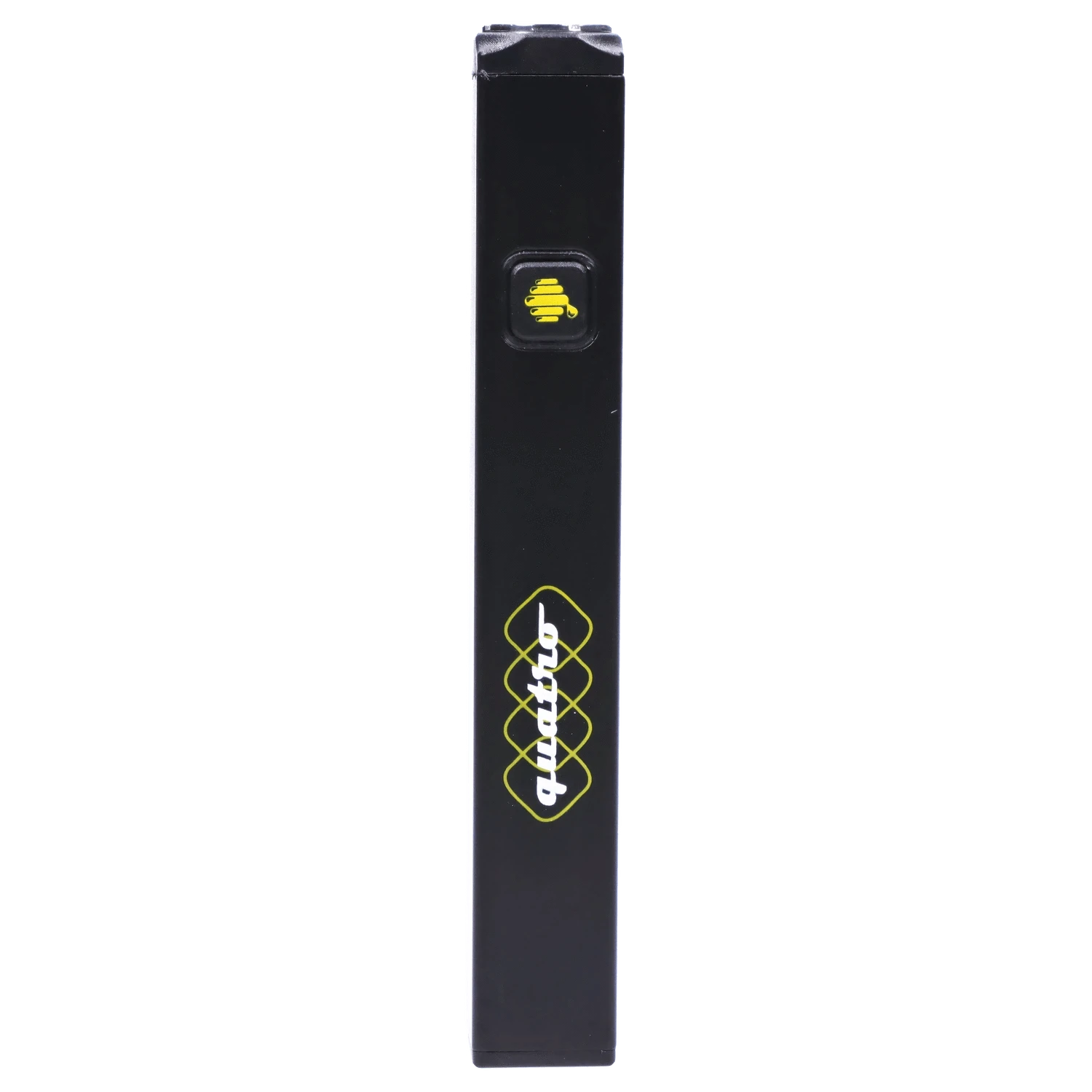 Portrait close-up of the black HoneyStick Quatro Variable Voltage Vape Black showing its front face button with a yellow bee icon and stacked logo.