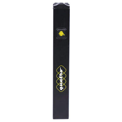 Portrait close-up of the black HoneyStick Quatro Variable Voltage Vape Black showing its front face button with a yellow bee icon and stacked logo.