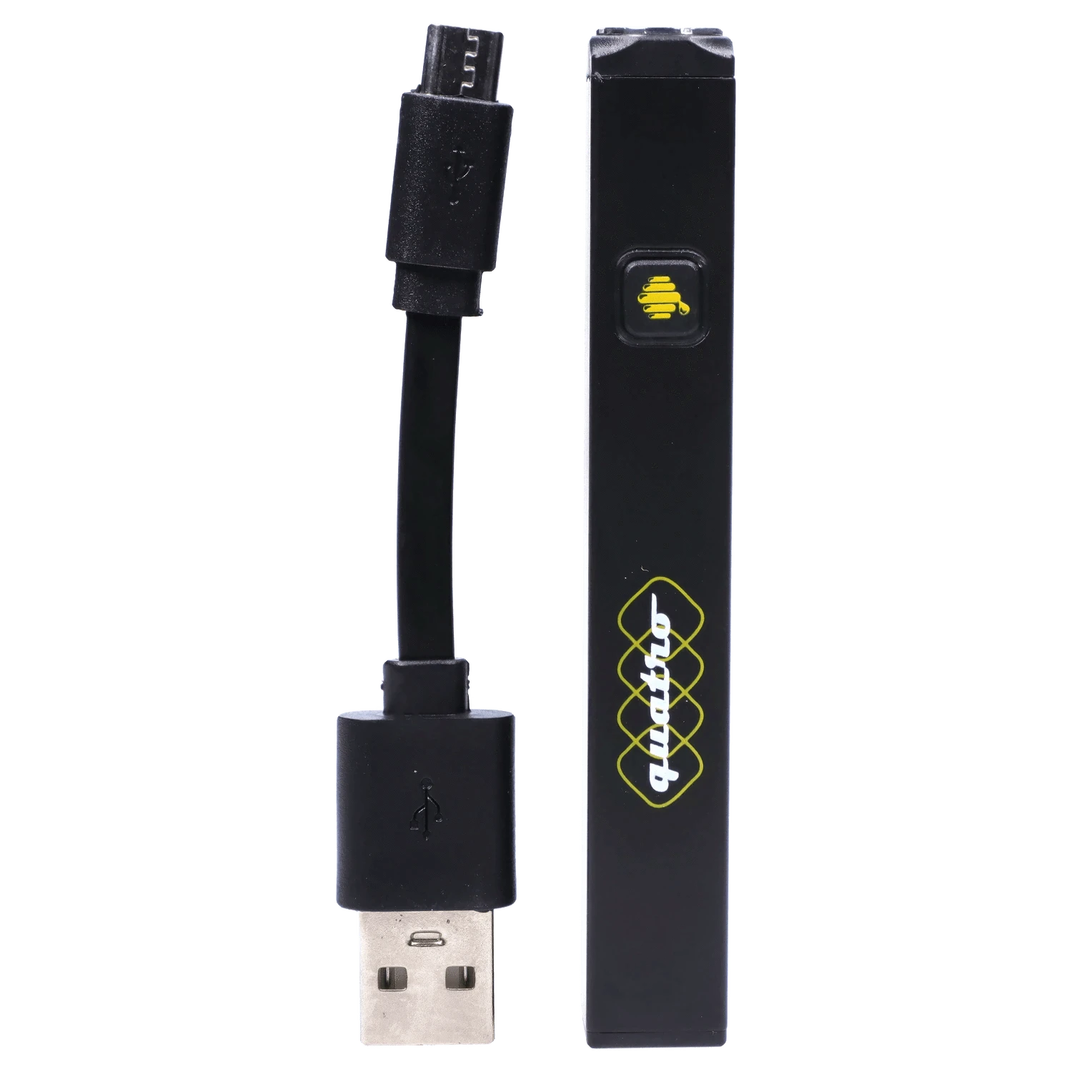Vertical close-up of the black HoneyStick Quatro Variable Voltage Vape Black battery and its USB charging cable showing a yellow logo button and side branding.