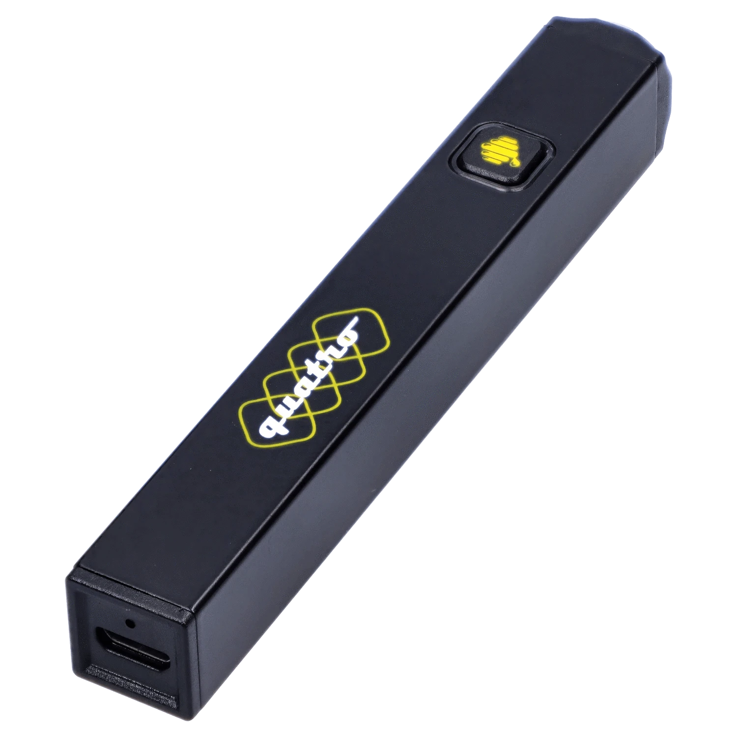 Angled close-up of the black HoneyStick Quatro Variable Voltage Vape showing its rectangular body, logo, and top button.
