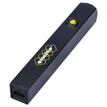 Angled close-up of the black HoneyStick Quatro Variable Voltage Vape showing its rectangular body, logo, and top button.