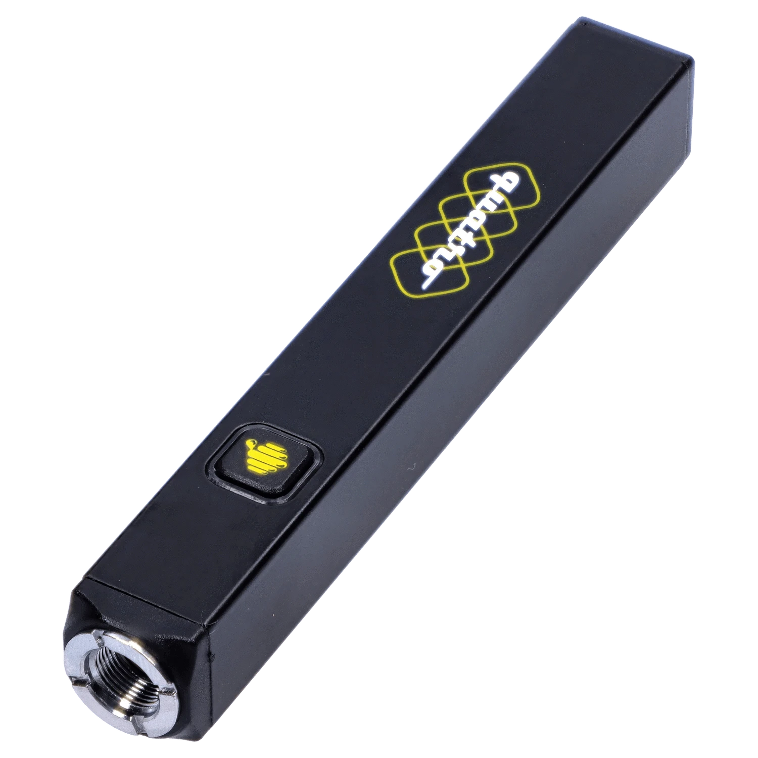 Angled close-up of the black HoneyStick Quatro Variable Voltage Vape showing its rectangular body, yellow logo and square power button.