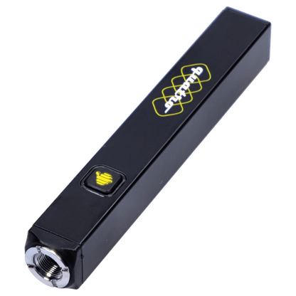 Angled close-up of the black HoneyStick Quatro Variable Voltage Vape showing its rectangular body, yellow logo and square power button.