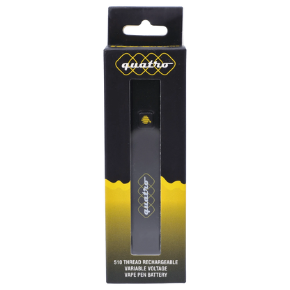 Front-facing shot of the HoneyStick Quatro Variable Voltage Vape Black in its black and yellow retail box visible through a center window.