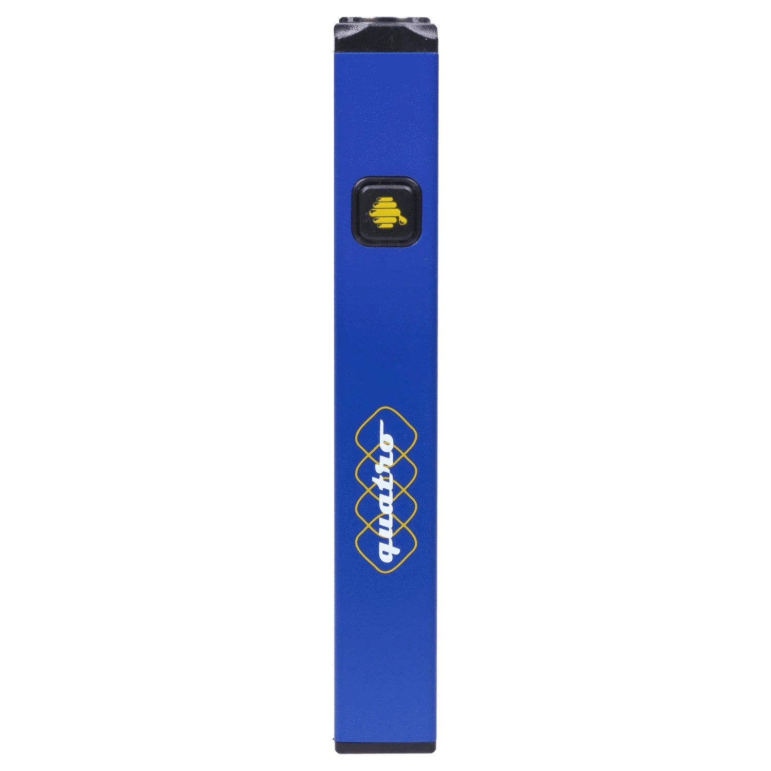 Top-down close-up of a slim blue HoneyStick Quatro Variable Voltage Vape Blue showing its square black button with a yellow bee icon and partial logo down the shaft.