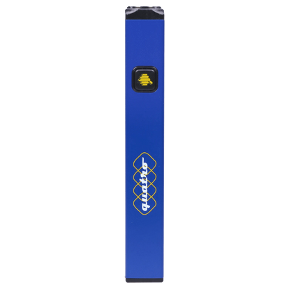 Top-down close-up of a slim blue HoneyStick Quatro Variable Voltage Vape Blue showing its square black button with a yellow bee icon and partial logo down the shaft.