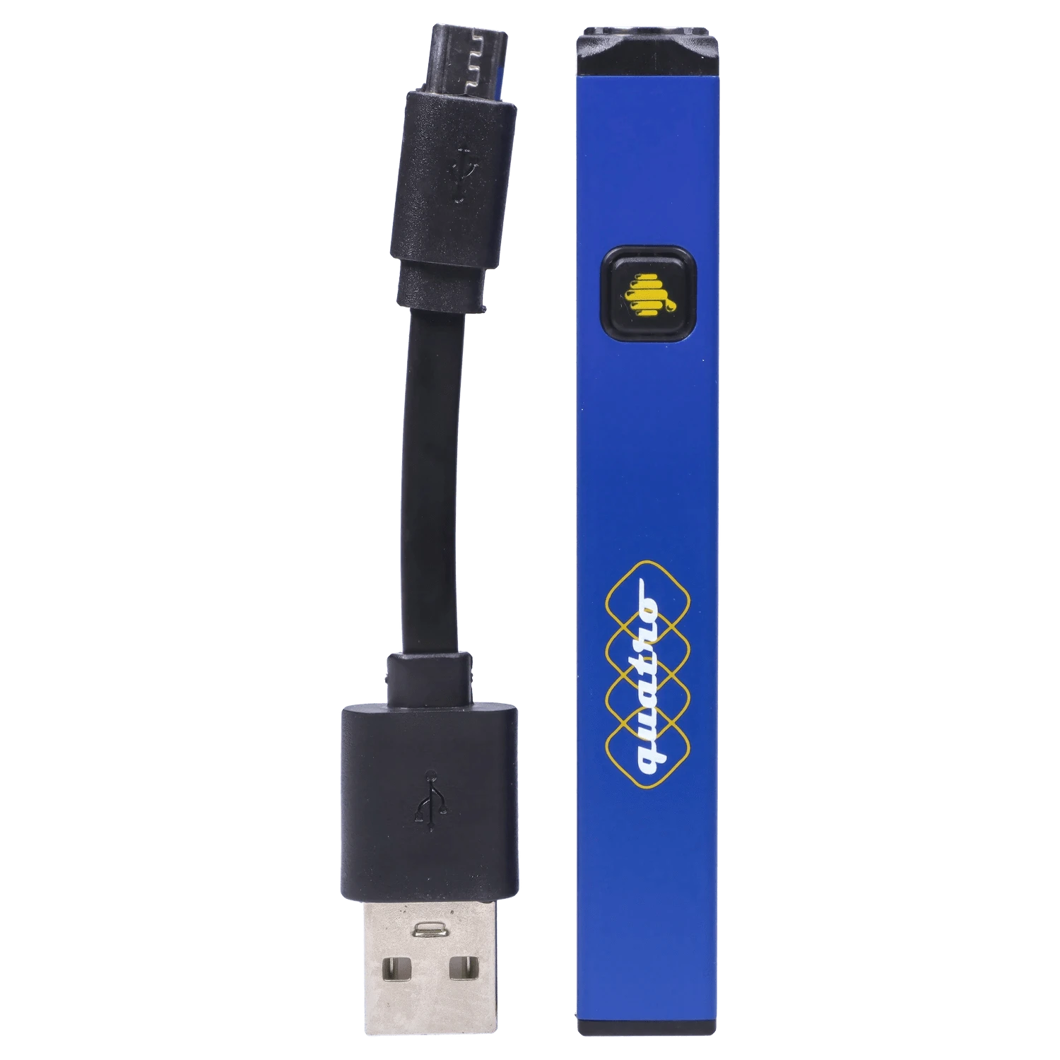 Close-up vertical front view of the HoneyStick Quatro Variable Voltage Vape Blue with its black USB charging cable beside it.