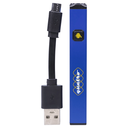 Close-up vertical front view of the HoneyStick Quatro Variable Voltage Vape Blue with its black USB charging cable beside it.