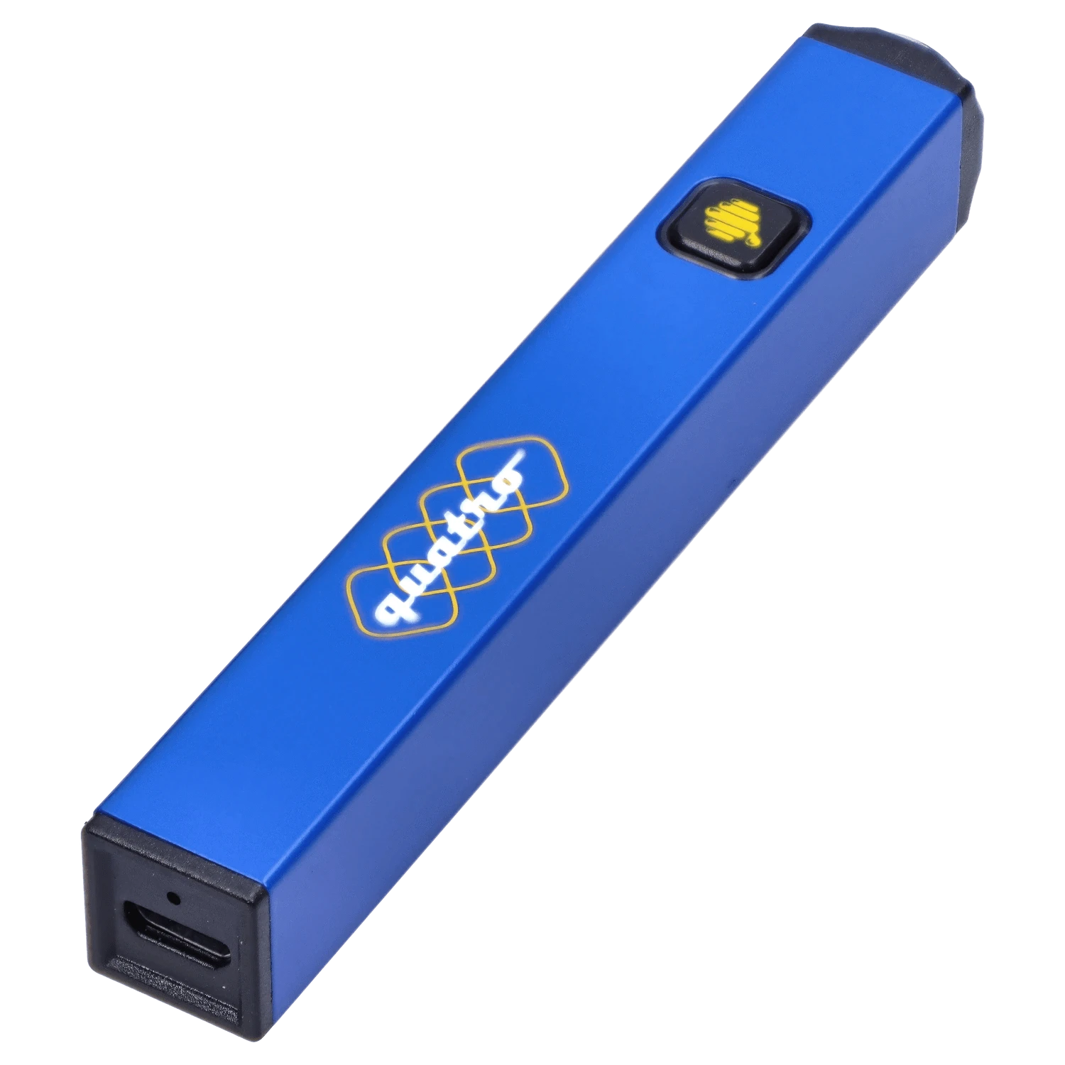 Angled close-up of a blue HoneyStick Quatro Variable Voltage Vape showing its square body, centered black button with yellow logo, and USB-C port.