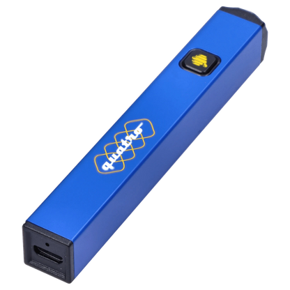 Angled close-up of a blue HoneyStick Quatro Variable Voltage Vape showing its square body, centered black button with yellow logo, and USB-C port.