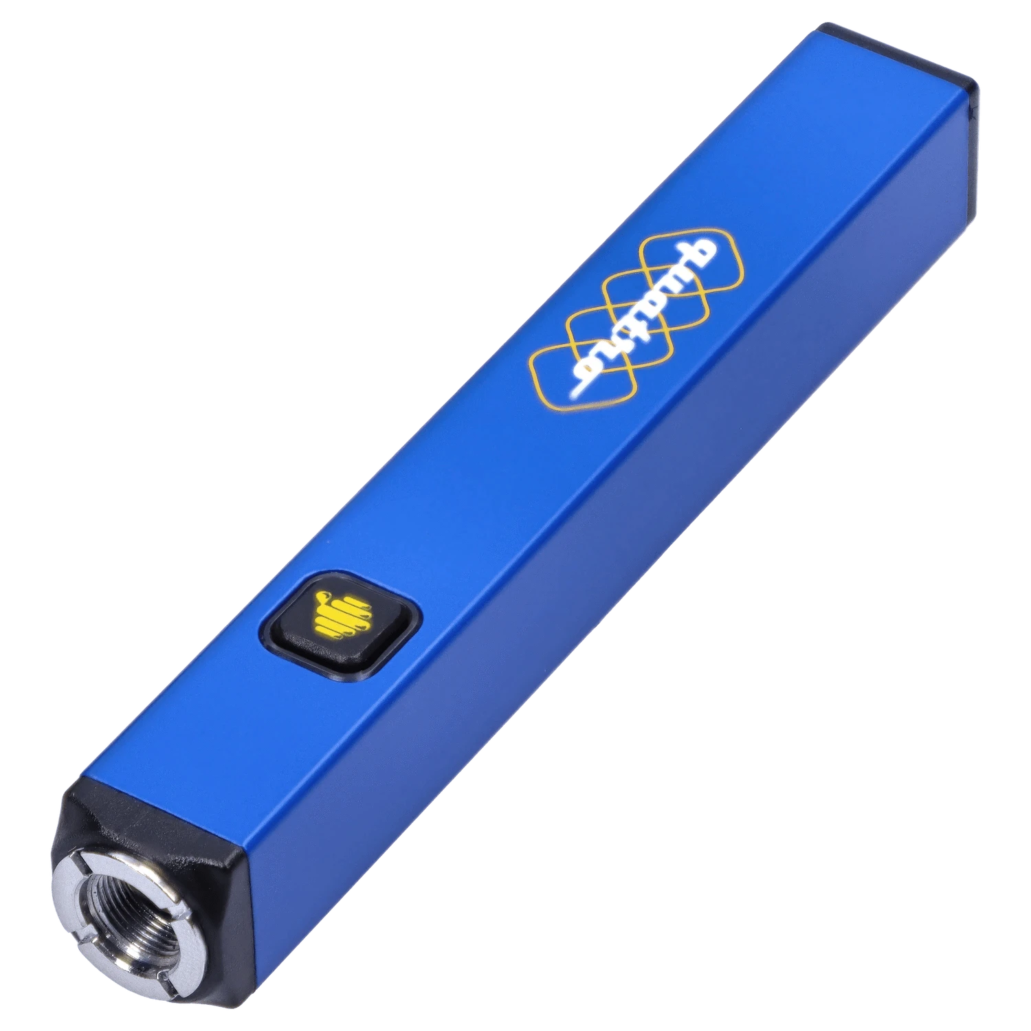 Angled close-up of the blue HoneyStick Quatro Variable Voltage Vape showing its rectangular body, logo and square black button.